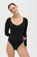 Iconic Lymphatic Long Sleeve Thong Bodysuit in solid black with scoop neckline