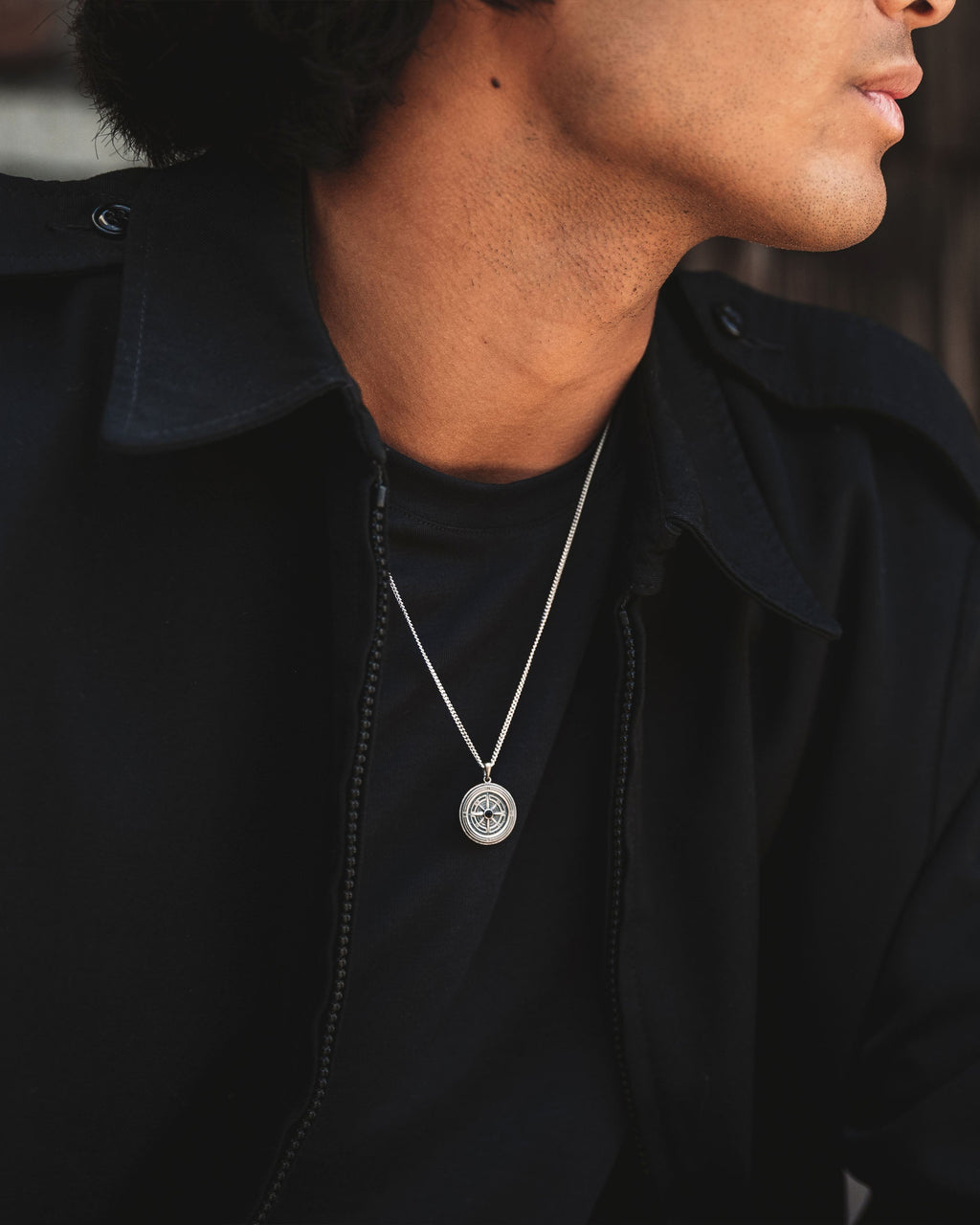 Compass Rose Pendant Necklace with Onyx Stone in Sterling Silver