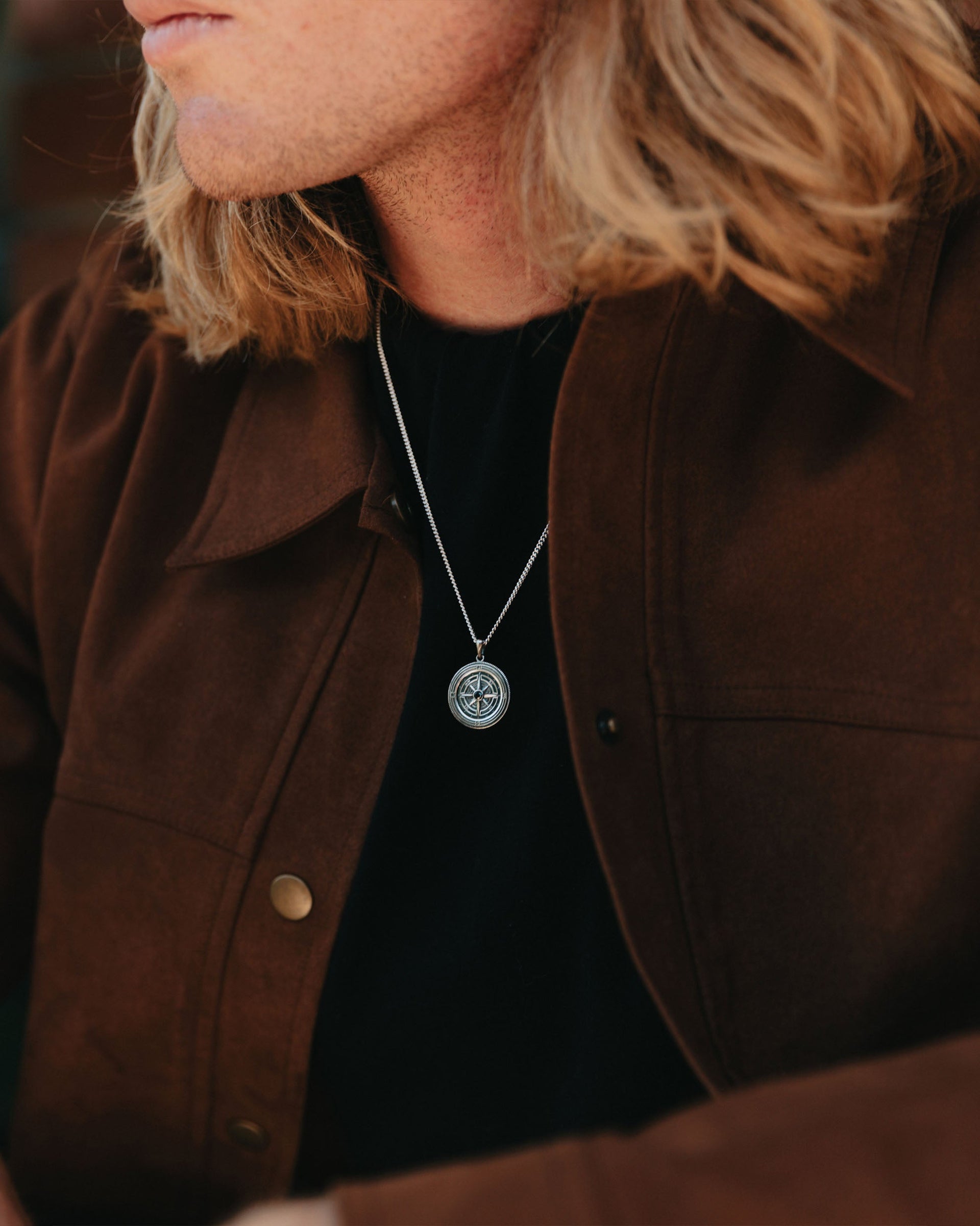 Compass Rose Pendant Necklace with Onyx Stone in Sterling Silver