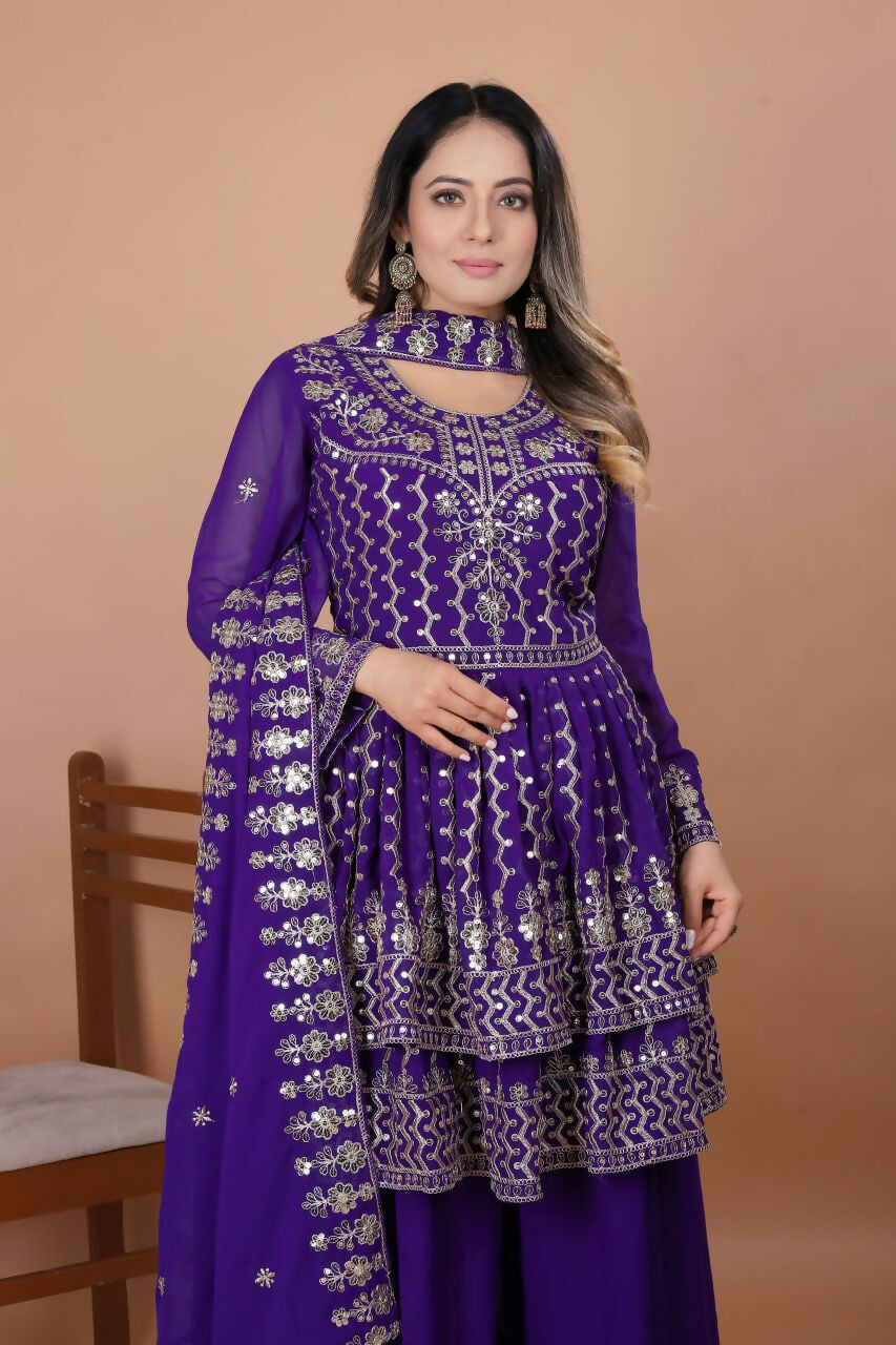 Purple Georgette Embroidered Sharara Set for Festive Occasions
