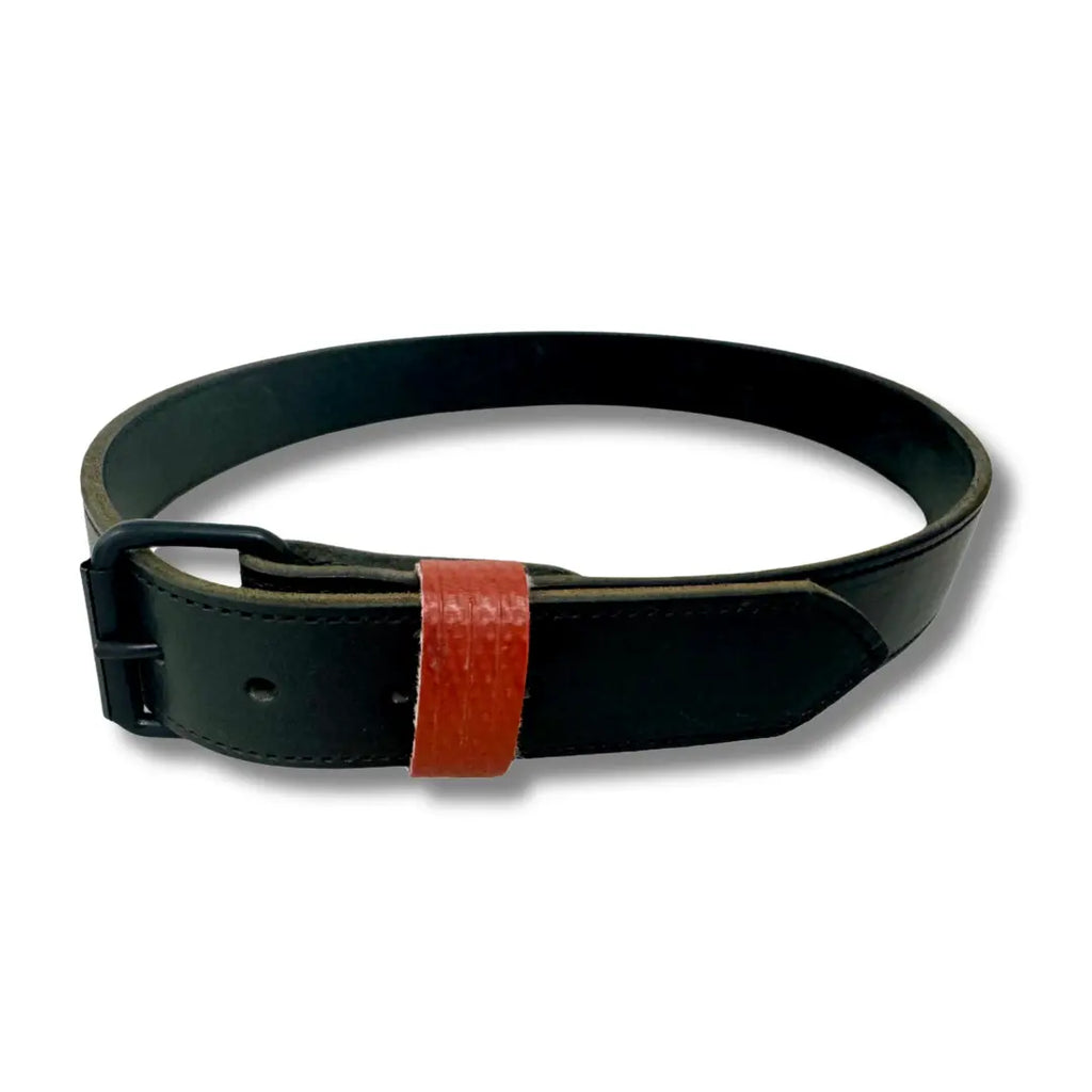 Limited edition Thin Red Line leather belt featuring authentic red rubber fire hose inlay.