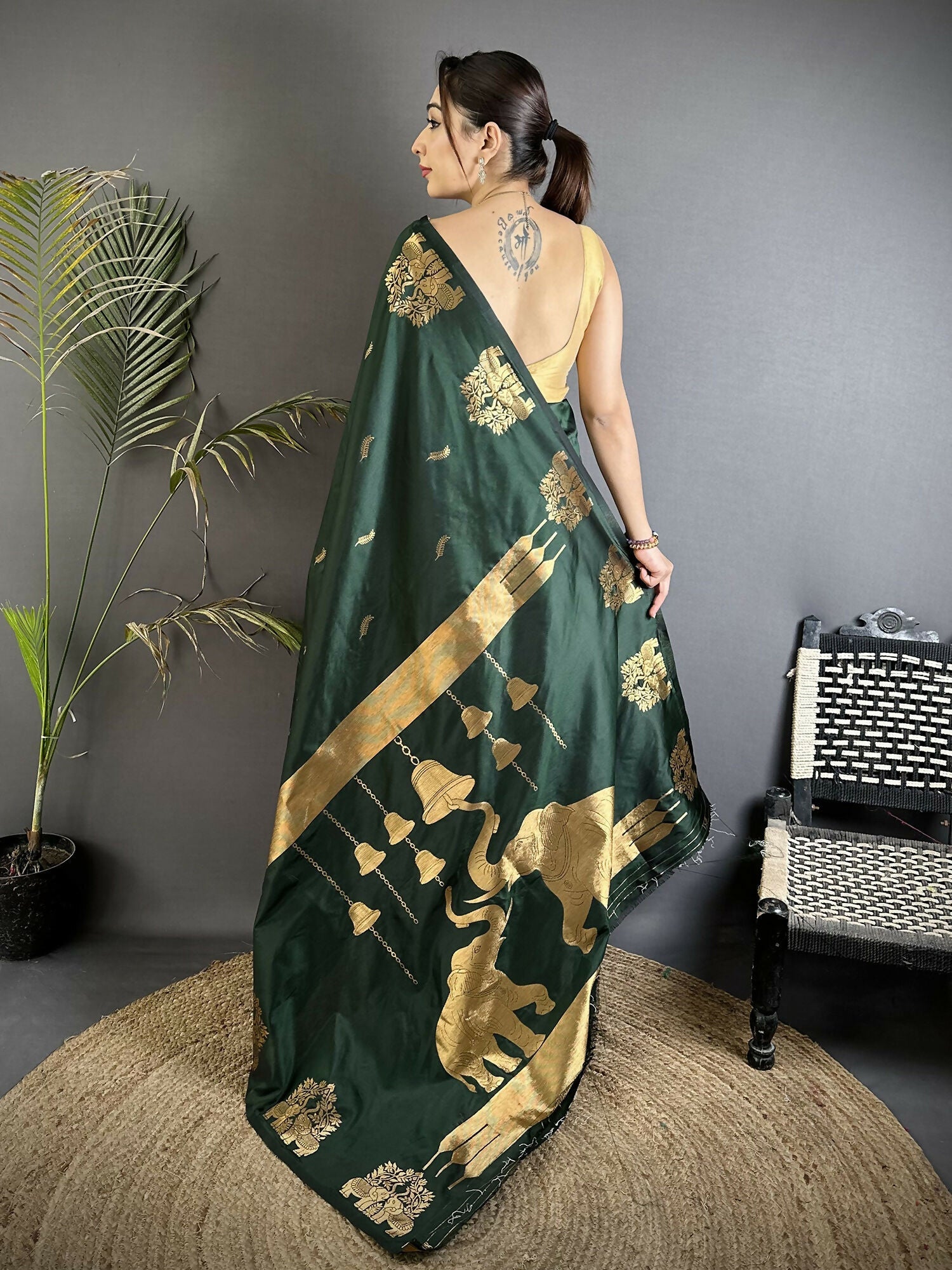 Bottle Green Soft Silk Banarasi Saree with Intricate Zari Weaving