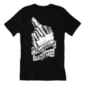 Close up of the Thoughts and Prayers graphic on a comfortable unisex cotton t-shirt