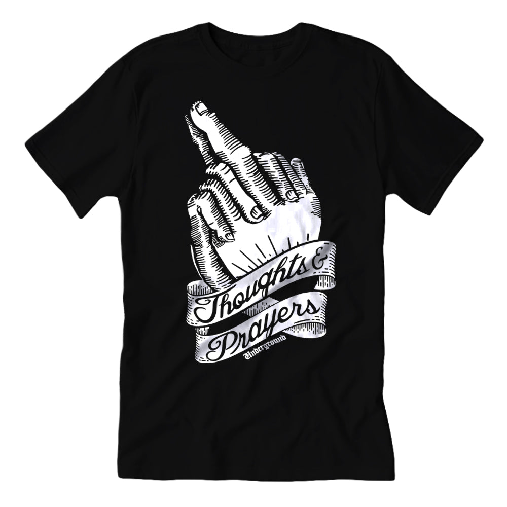 Close up of the Thoughts and Prayers graphic on a comfortable unisex cotton t-shirt