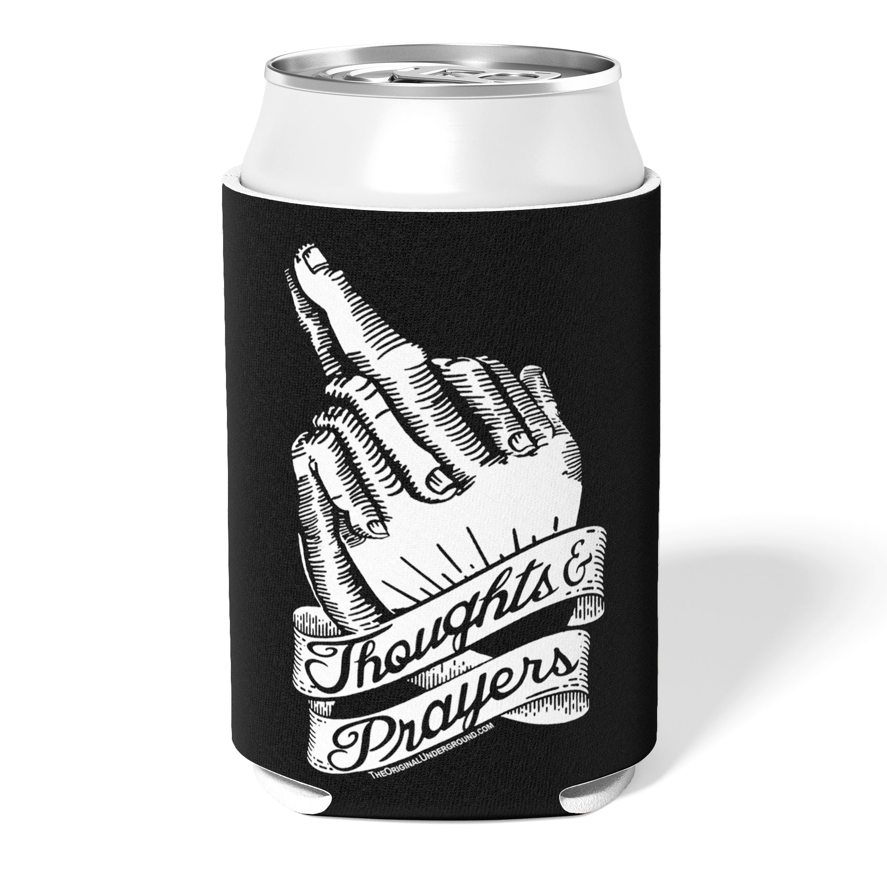 Black and white Thoughts and Prayers collapsible can cooler for 12 ounce cans.