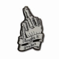 Thoughts and Prayers enamel pin with butterfly clasp backer on a neutral background