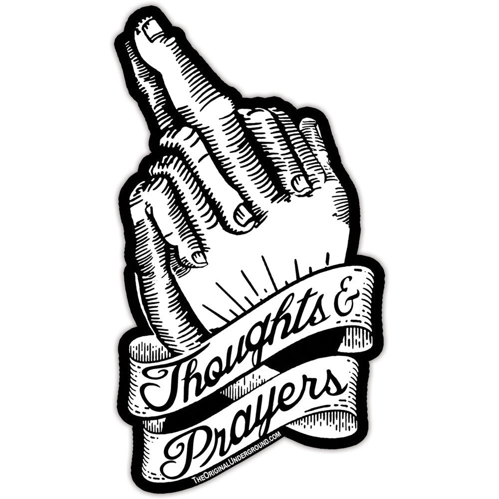 Thoughts and Prayers vinyl sticker, rectangular shape, black text on white background, 2.5 by 4.5 inches.