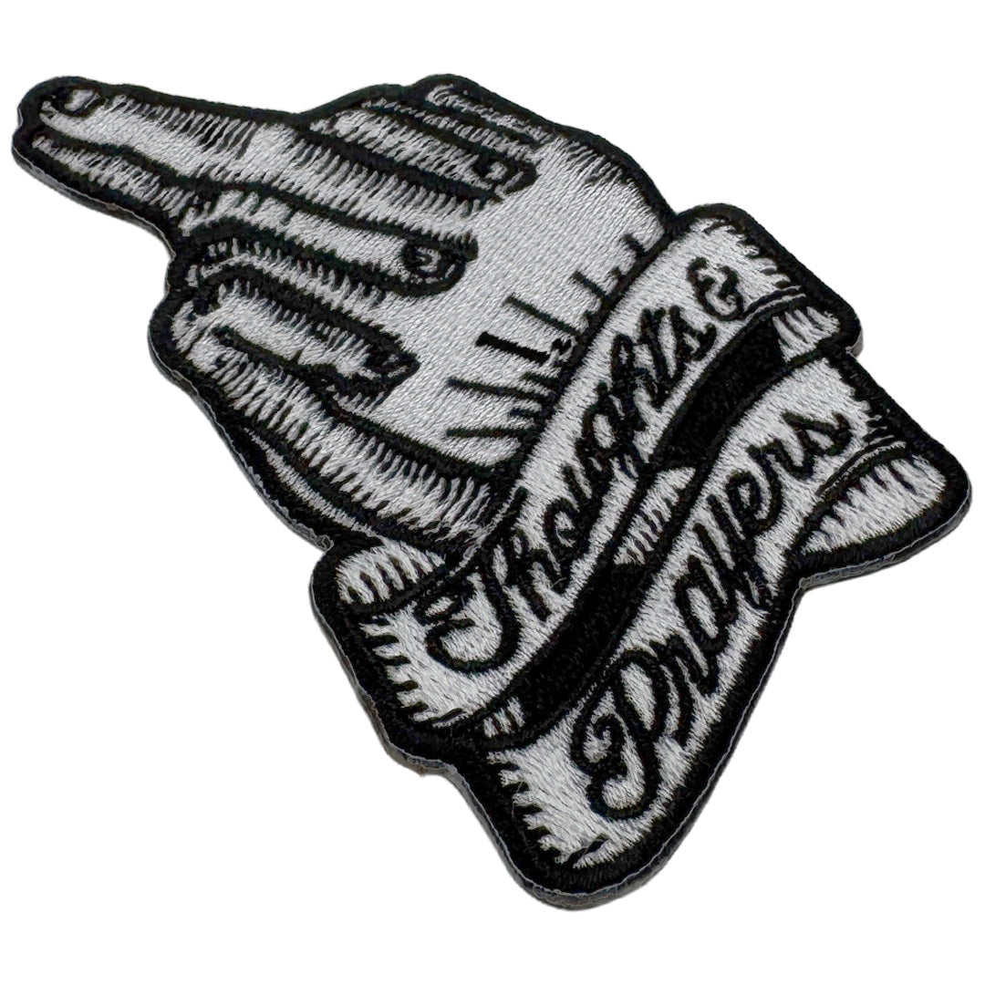 Thoughts and Prayers Iron-On Patch Engraved Fingers Crossed Design
