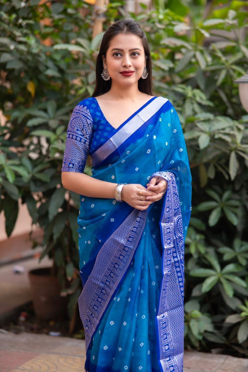 Blue Jute Silk Bandhani Saree with Cut Broaso Border and Blouse