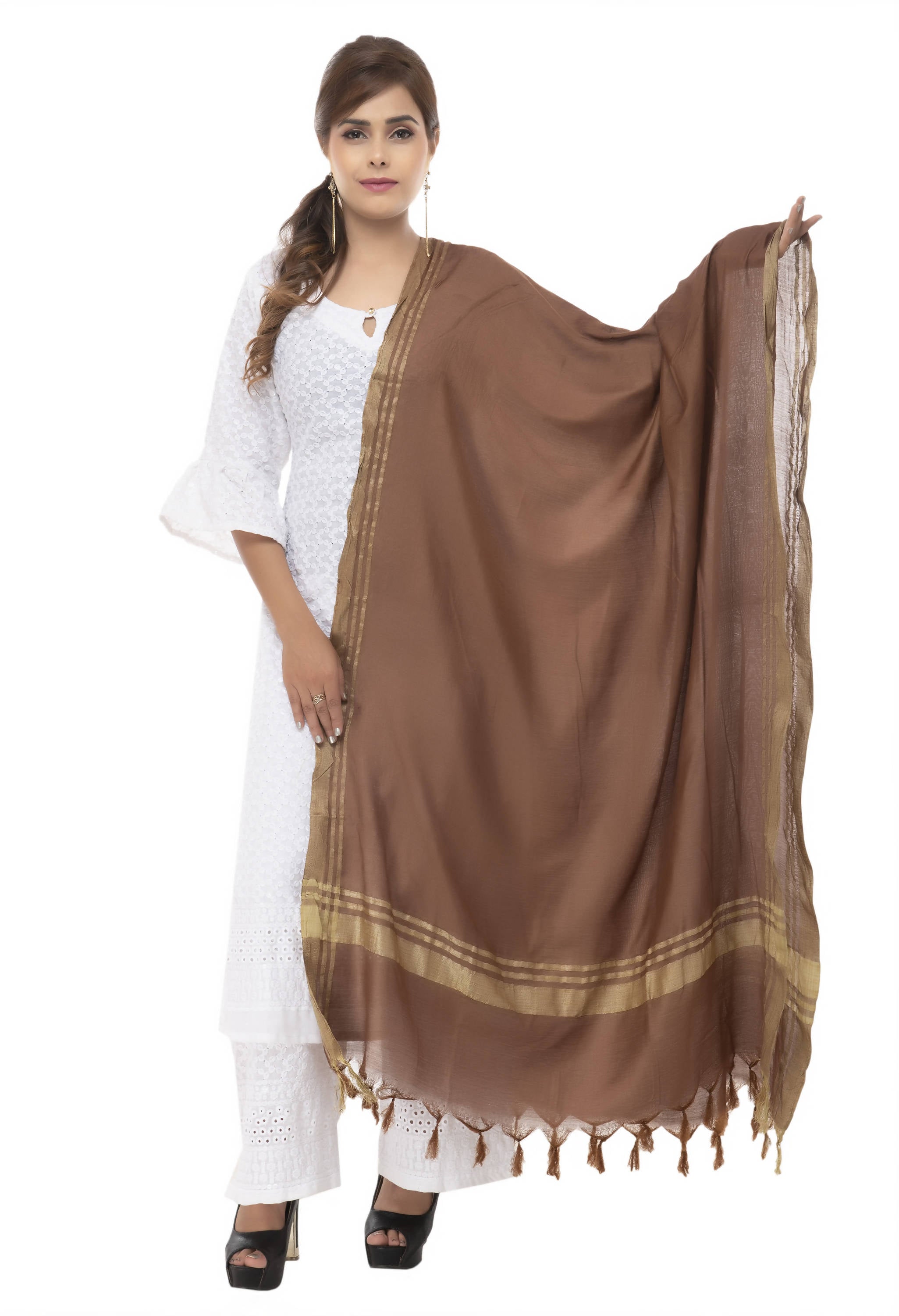 Brown textured slub cotton dupatta styled as a scarf.