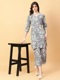 Grey cotton printed co-ord set featuring delicate hand-work detailing and comfortable fit