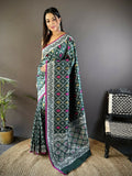 Dark Green Jacquard Woven Lichi Soft Silk Banarasi Saree with solid matching blouse