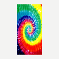 A rectangular beach towel with a vibrant, multi-colored tie-dye swirl pattern in shades of blue, green, yellow, orange, and red.
