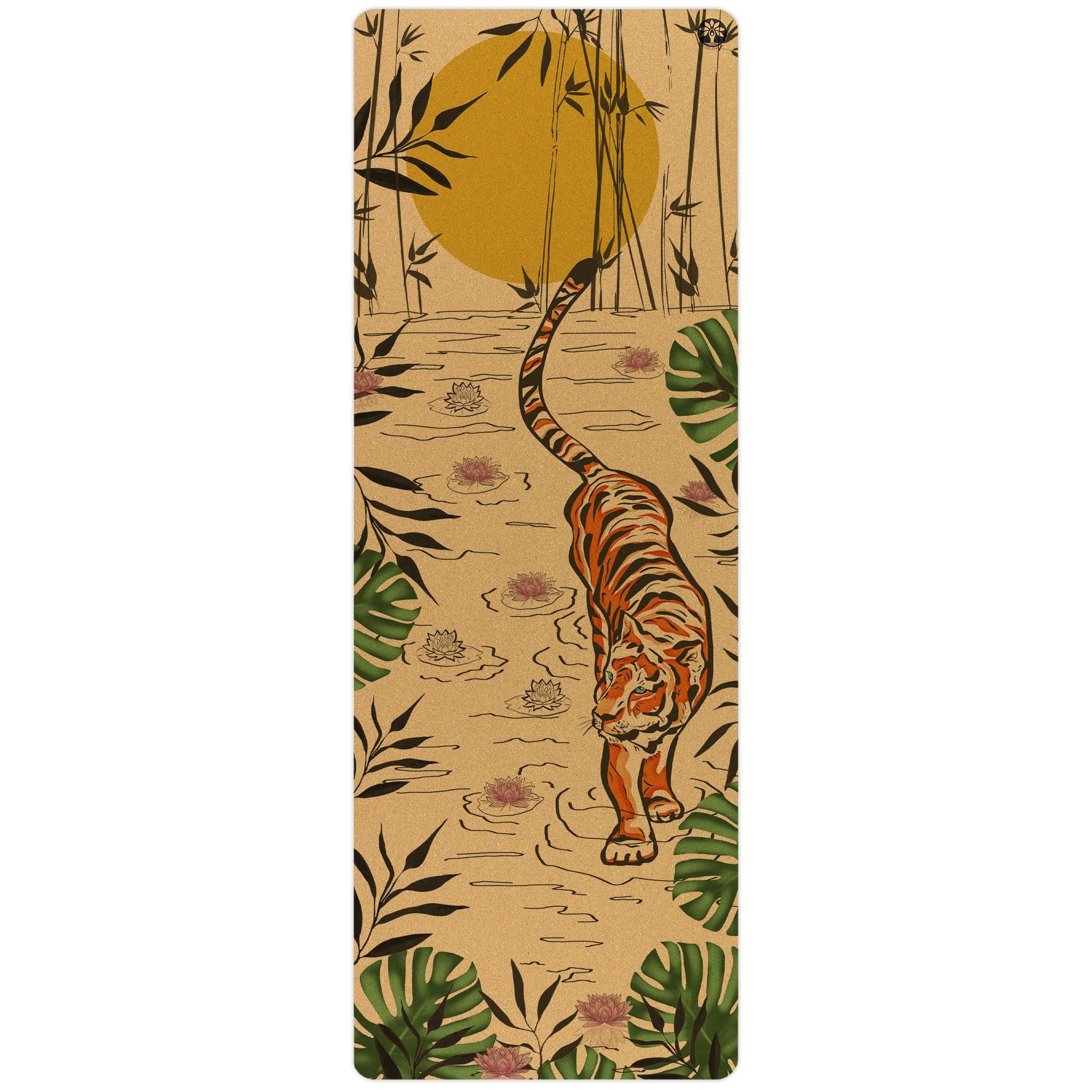Tiger Lotus Aura cork yoga mat in tan, forest green, and orange abstract print