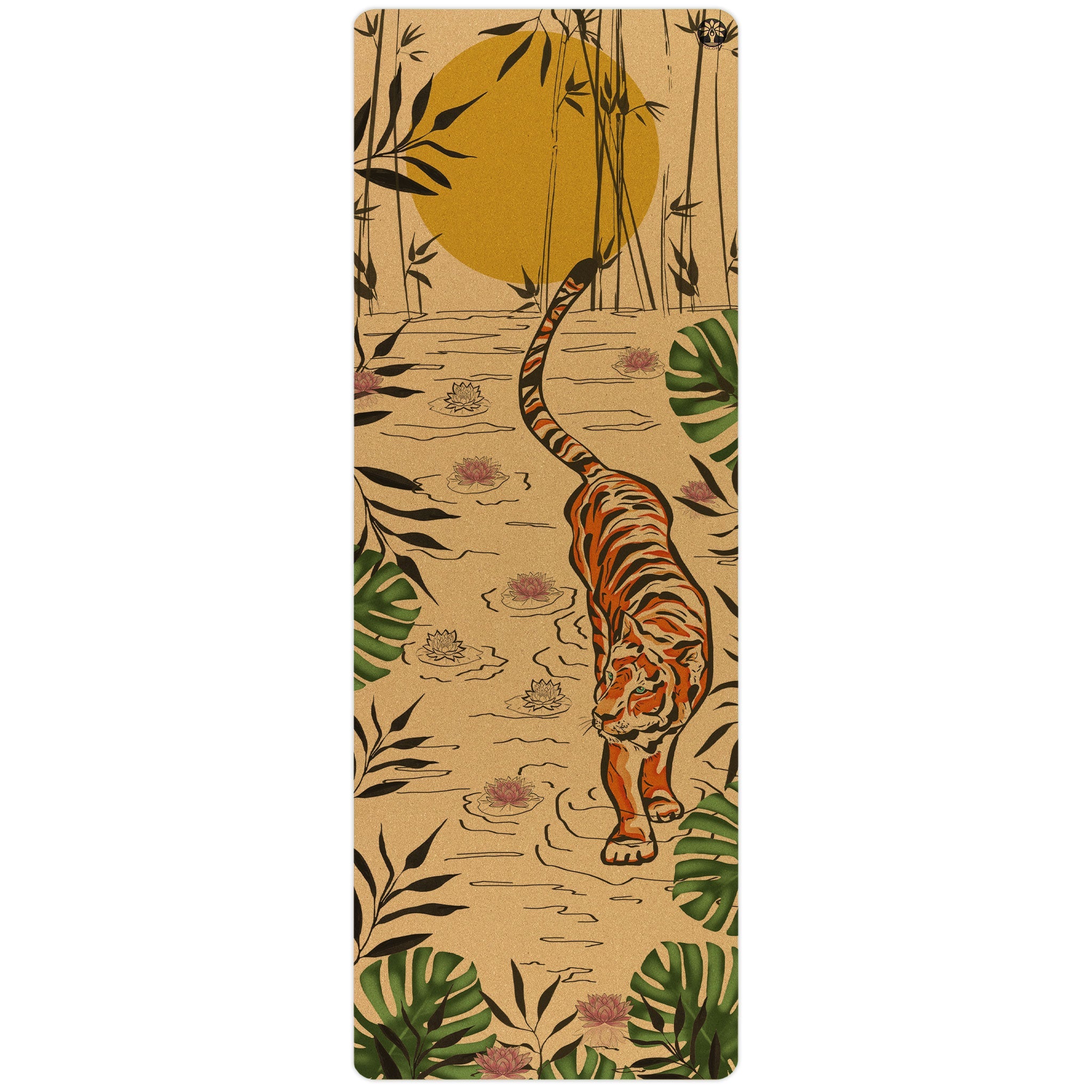Tiger Lotus Aura cork yoga mat in tan, forest green, and orange abstract print