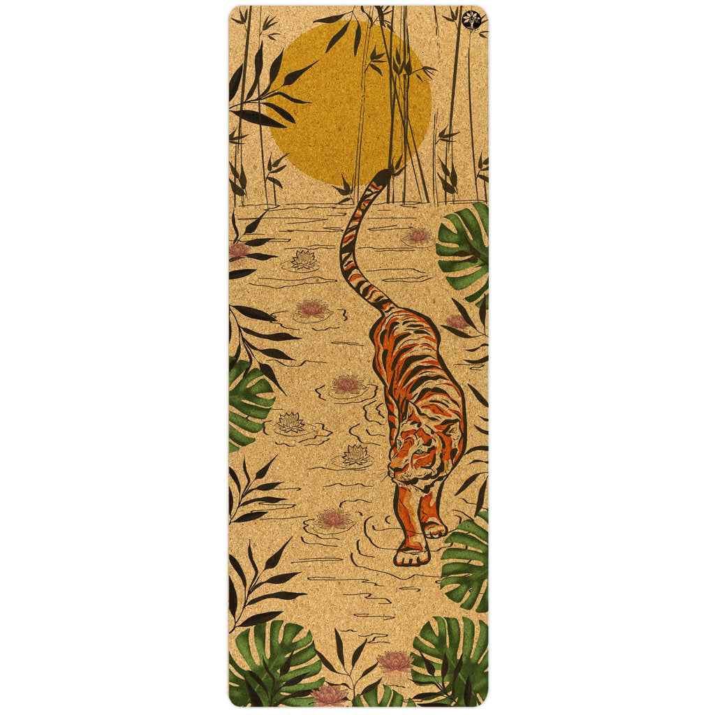 Bohemian-style Tiger Lotus Nomad cork yoga mat in tan, forest green, and orange