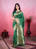 A beautiful green Banarasi silk saree with intricate golden jacquard zari woven patterns.