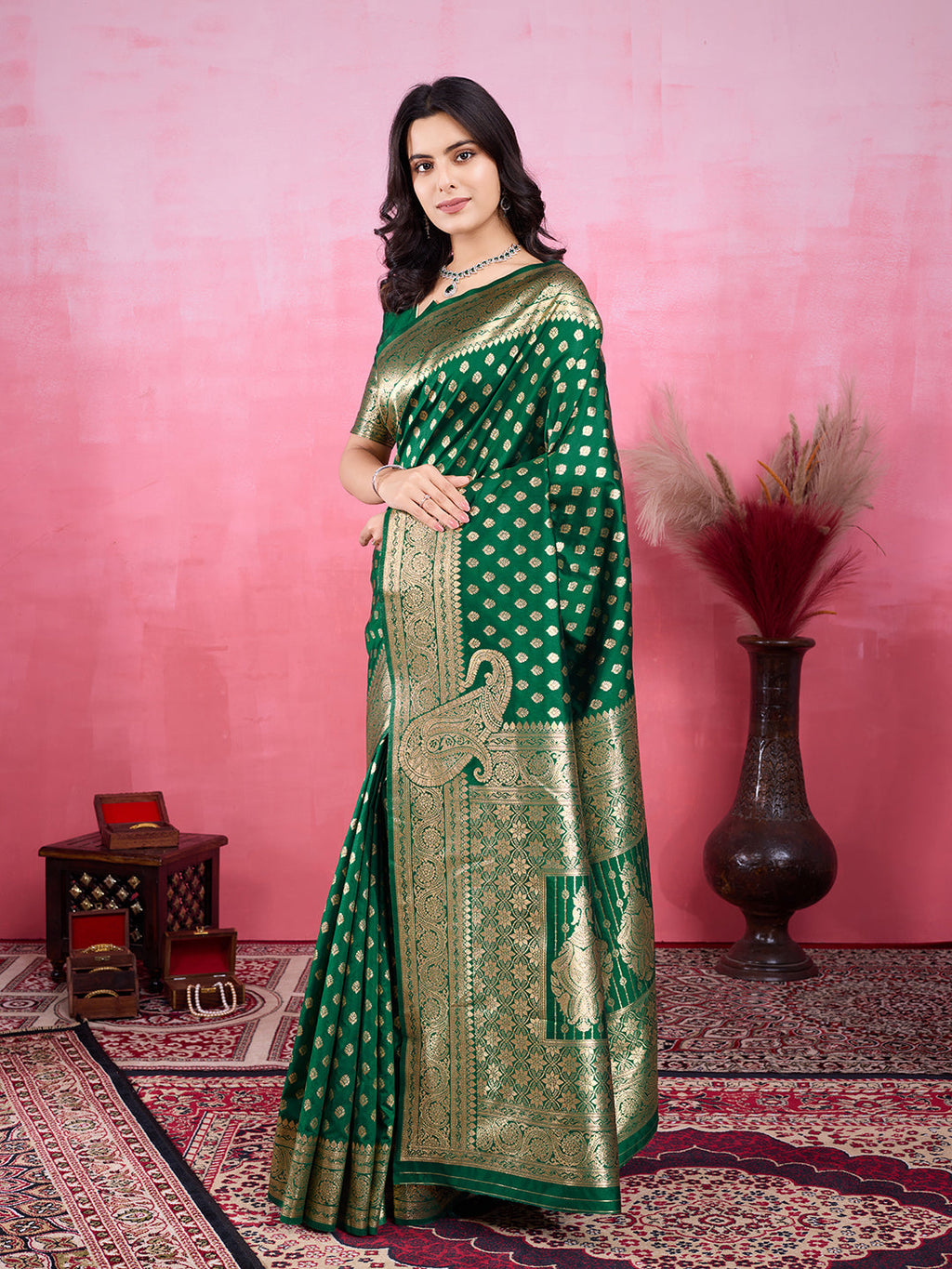 Green Banarasi Silk Jacquard Saree with Golden Zari Woven Pattern