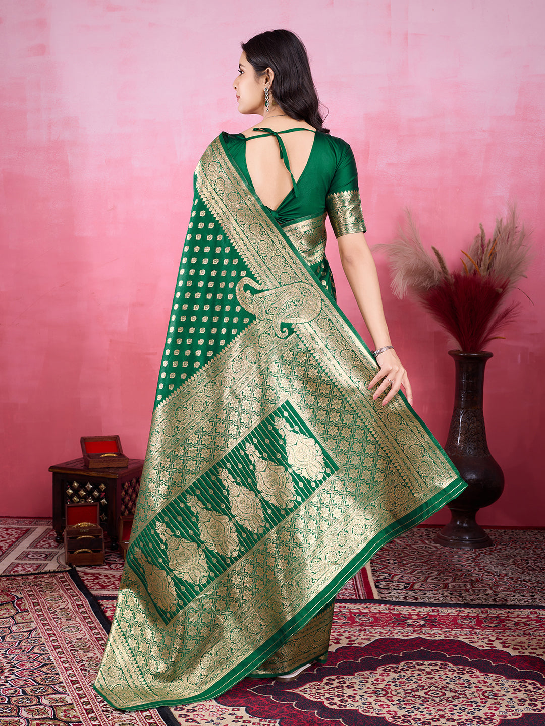 Green Banarasi Silk Jacquard Saree with Golden Zari Woven Pattern