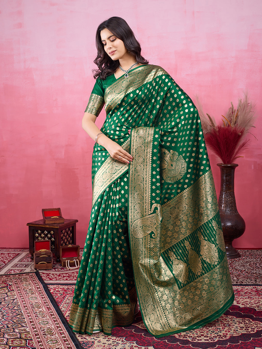 Green Banarasi Silk Jacquard Saree with Golden Zari Woven Pattern