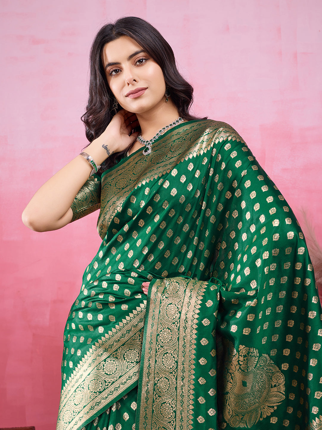 Green Banarasi Silk Jacquard Saree with Golden Zari Woven Pattern