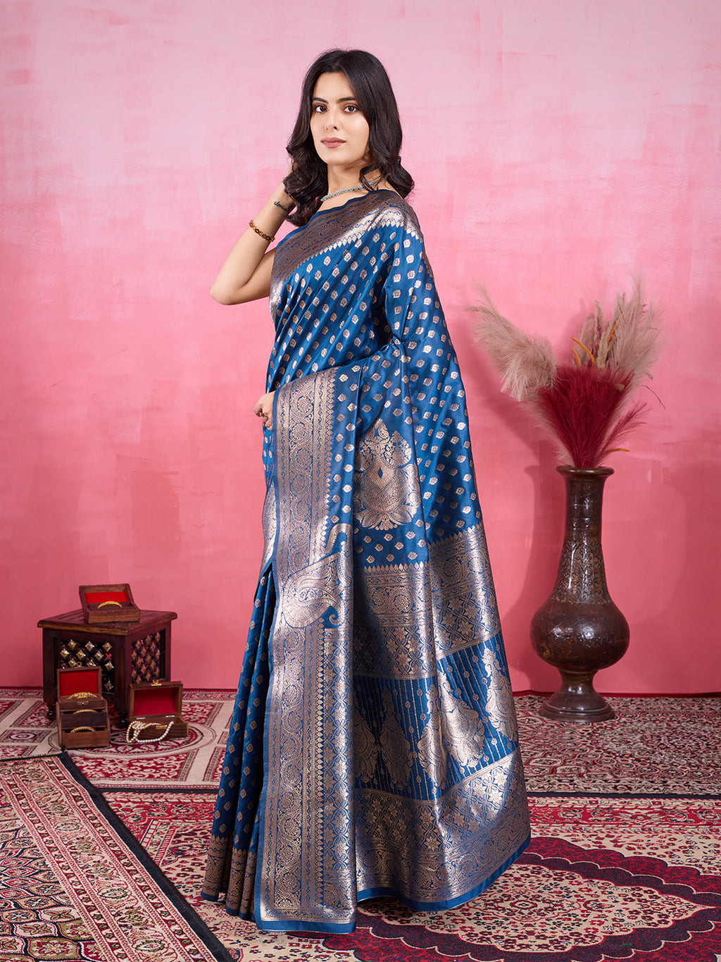 Morpinch Banarasi Silk Saree with Metallic Silver Zari Pattern
