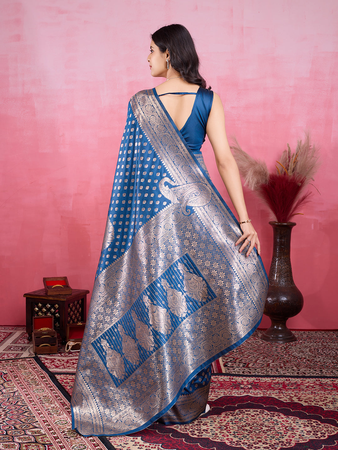 Morpinch Banarasi Silk Saree with Metallic Silver Zari Pattern