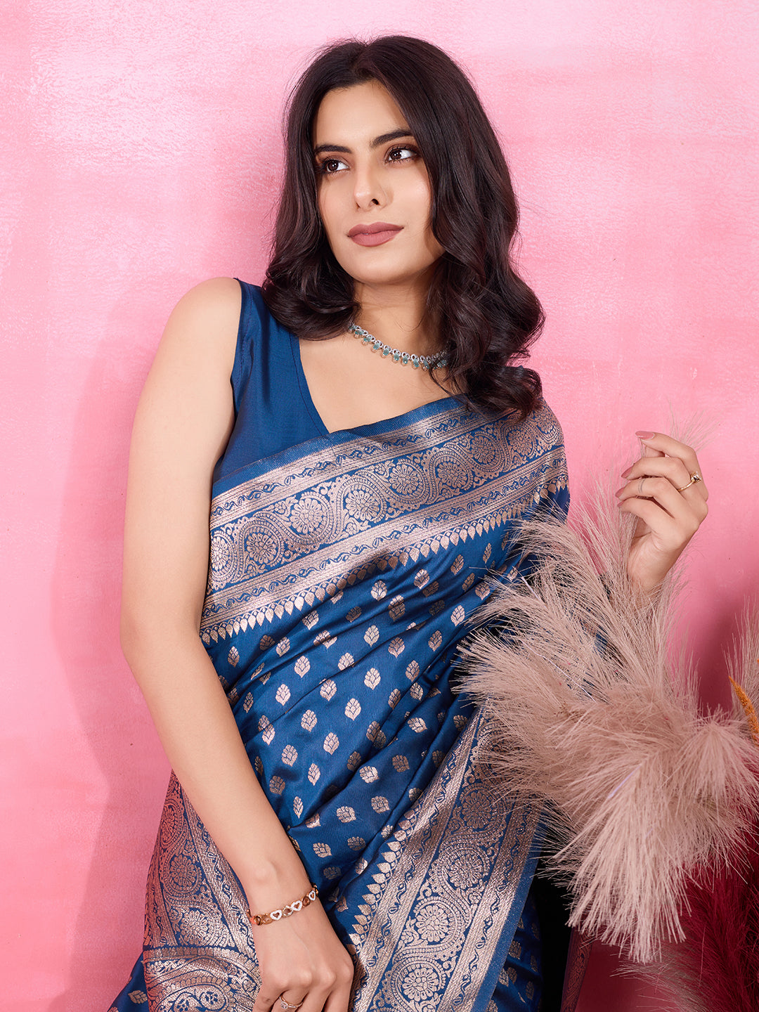 Morpinch Banarasi Silk Saree with Metallic Silver Zari Pattern