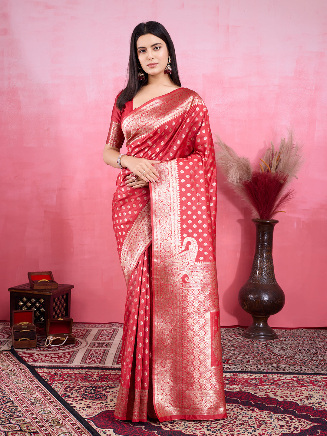 Vibrant Red Banarasi Silk Saree with golden Jacquard work