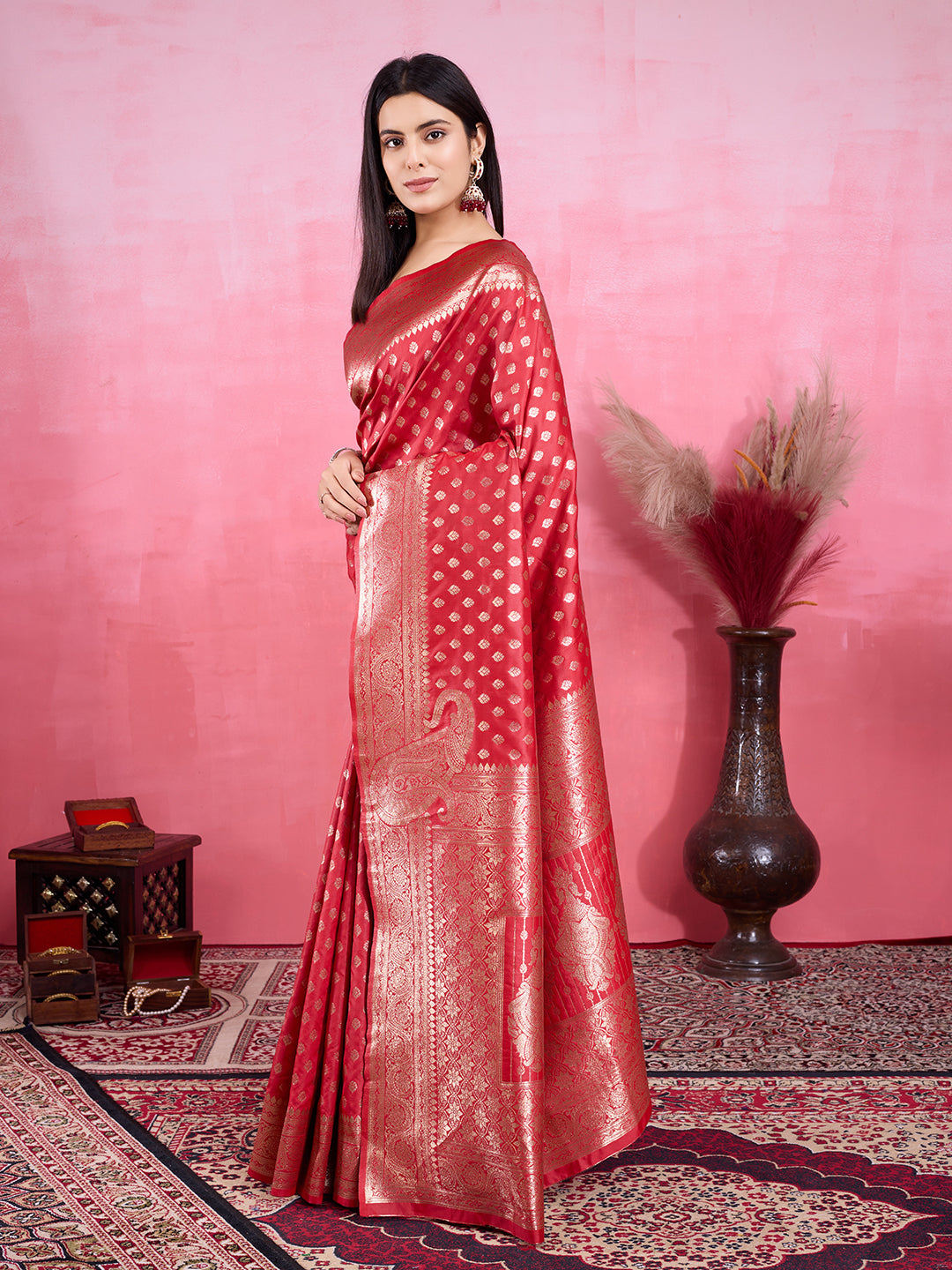 Red Banarasi Silk Saree with Luxurious Jacquard Zari Detail