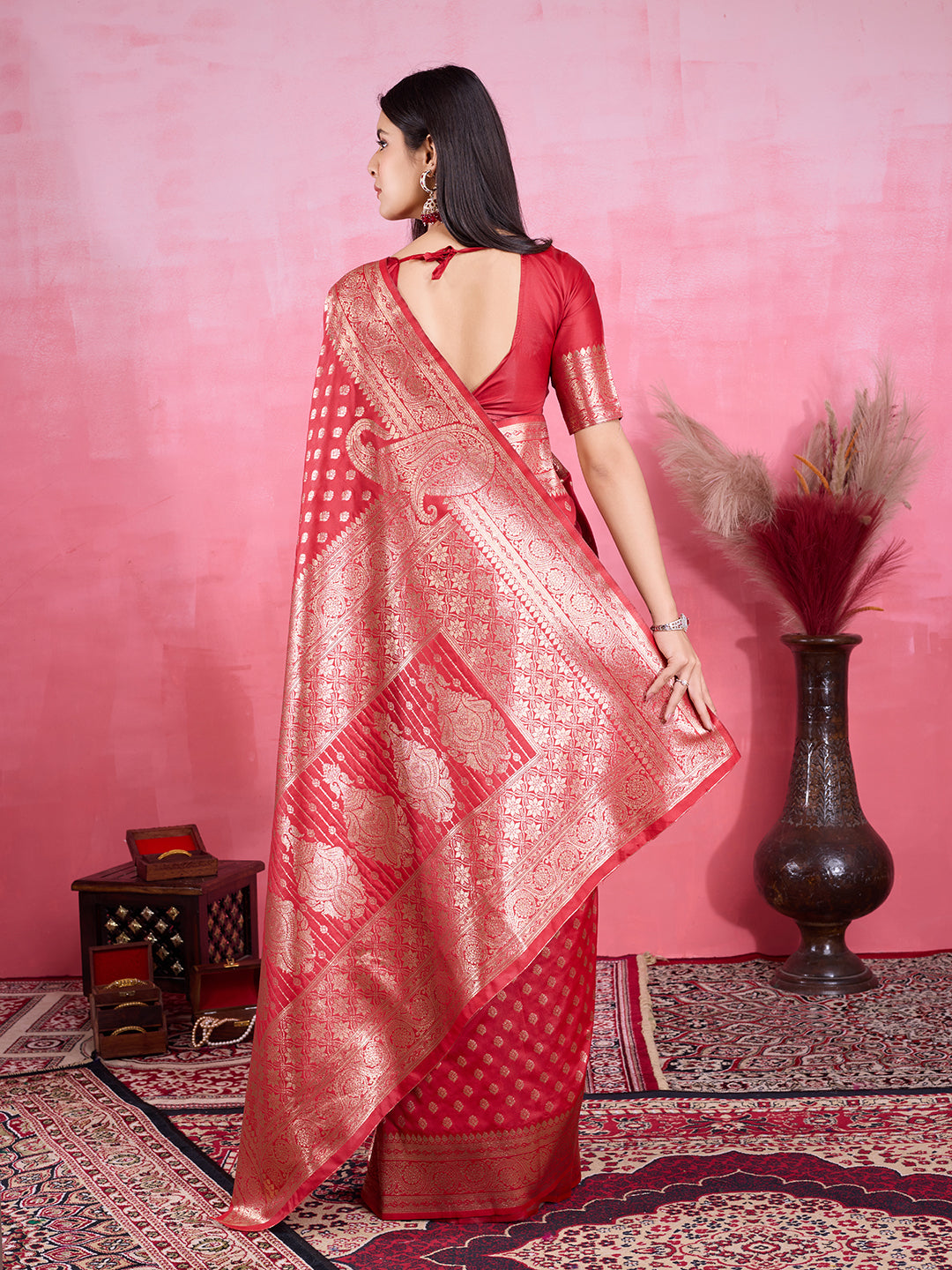 Red Banarasi Silk Saree with Luxurious Jacquard Zari Detail