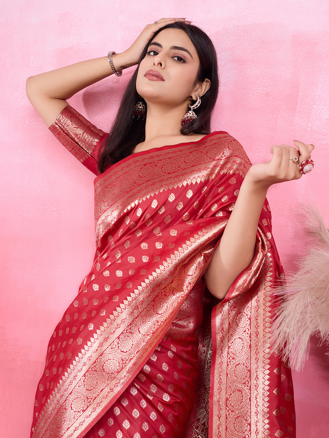 Red Banarasi Silk Saree with Luxurious Jacquard Zari Detail