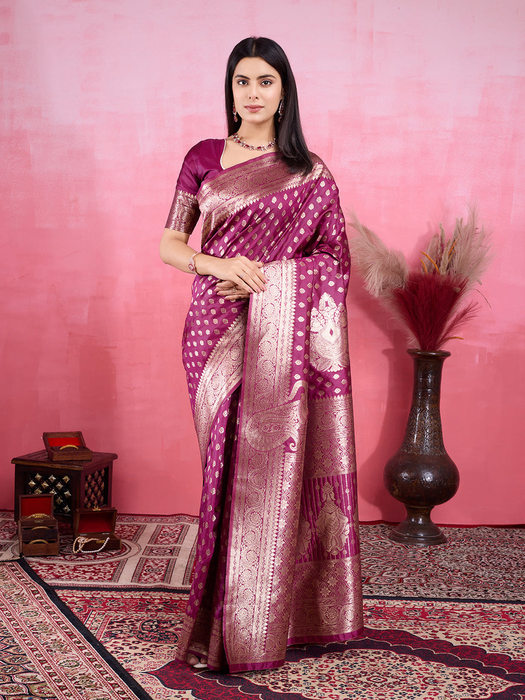 Wine Banarasi Silk Saree with intricate golden Jacquard pattern