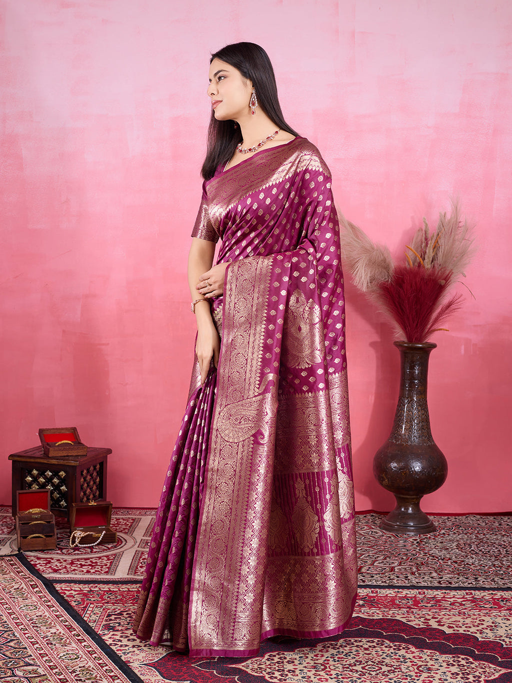 Wine Banarasi Silk Saree with Elegant Jacquard Golden Zari Work