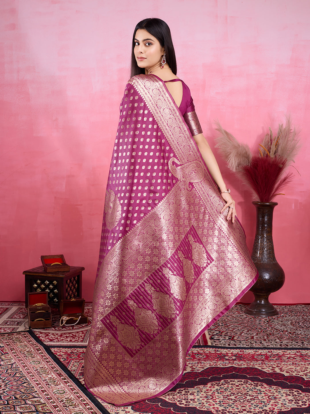 Wine Banarasi Silk Saree with Elegant Jacquard Golden Zari Work