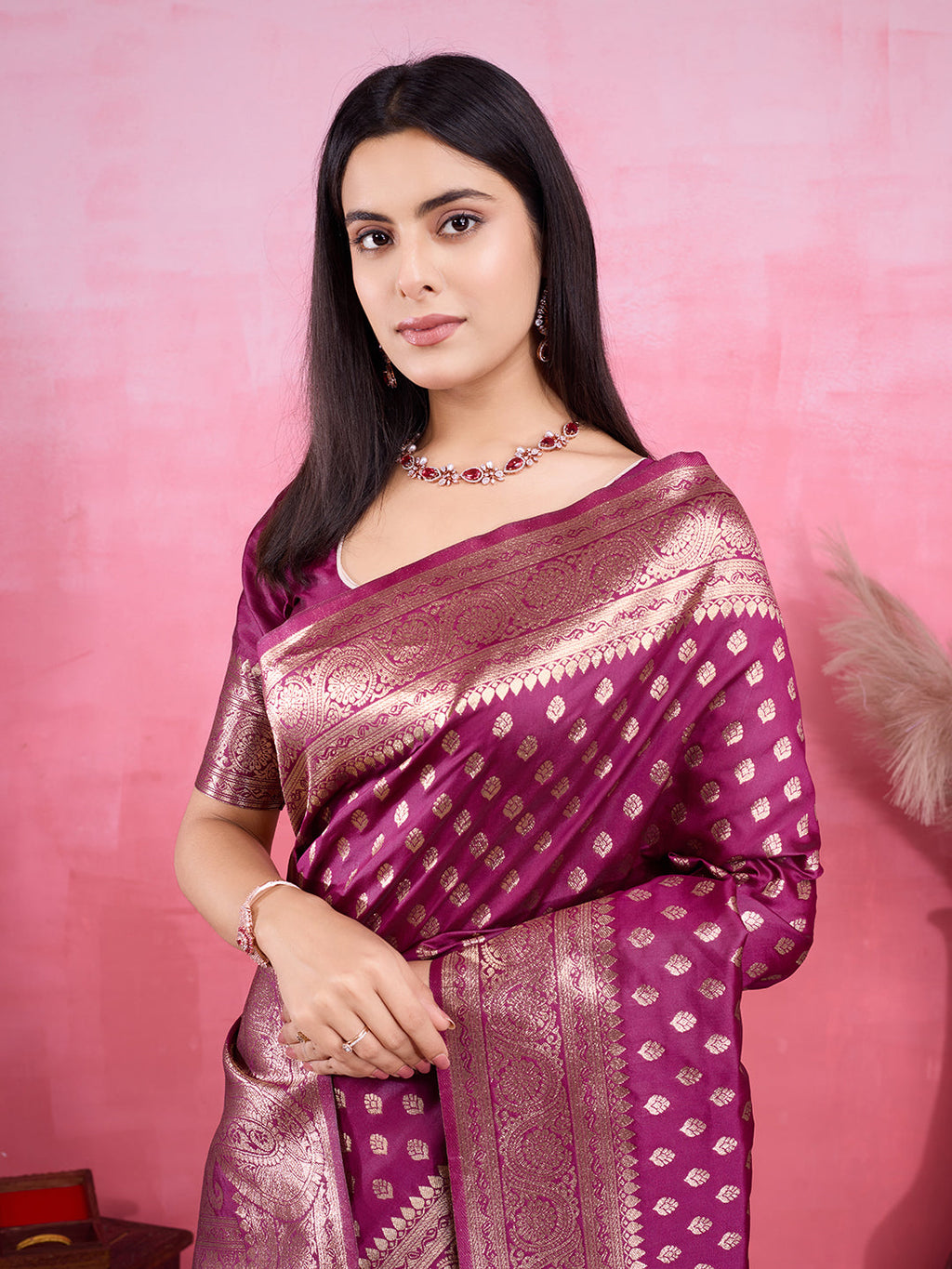 Wine Banarasi Silk Saree with Elegant Jacquard Golden Zari Work