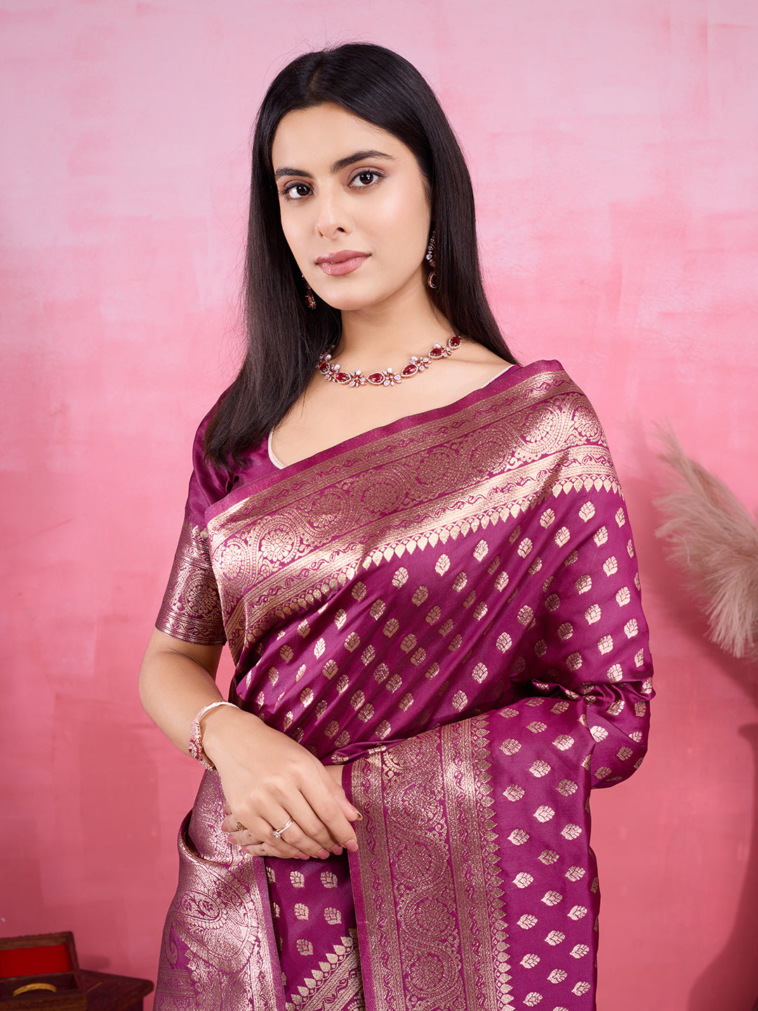 Wine Banarasi Silk Saree with Elegant Jacquard Golden Zari Work
