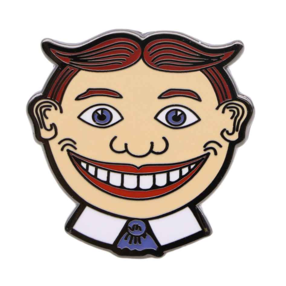 A multi-colored 1-inch Tillie enamel pin from the Asbury Park boardwalk with a butterfly clasp.