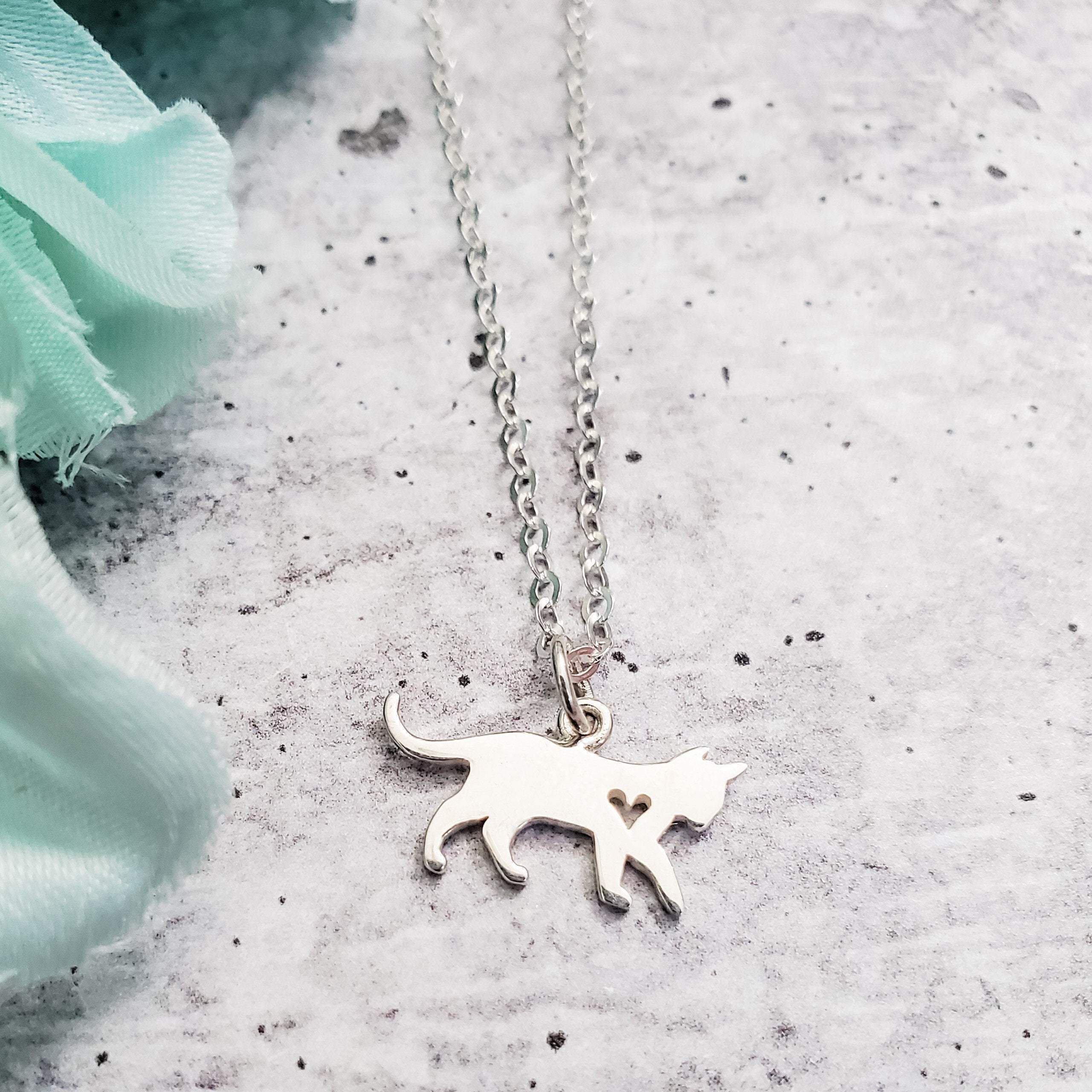 Tiny Cat Initial Pendant Silver Necklace