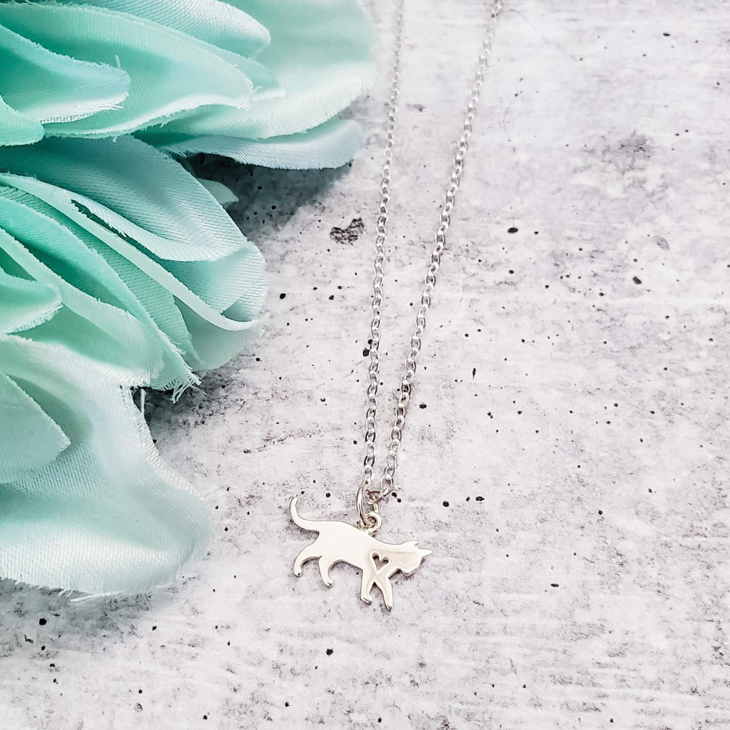 Tiny Cat Initial Pendant Silver Necklace