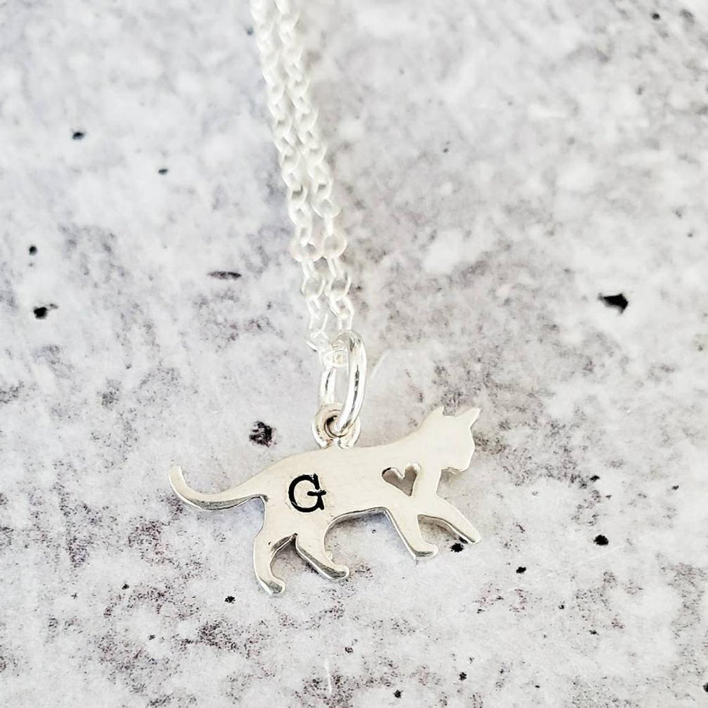 Tiny Cat Initial Pendant Silver Necklace