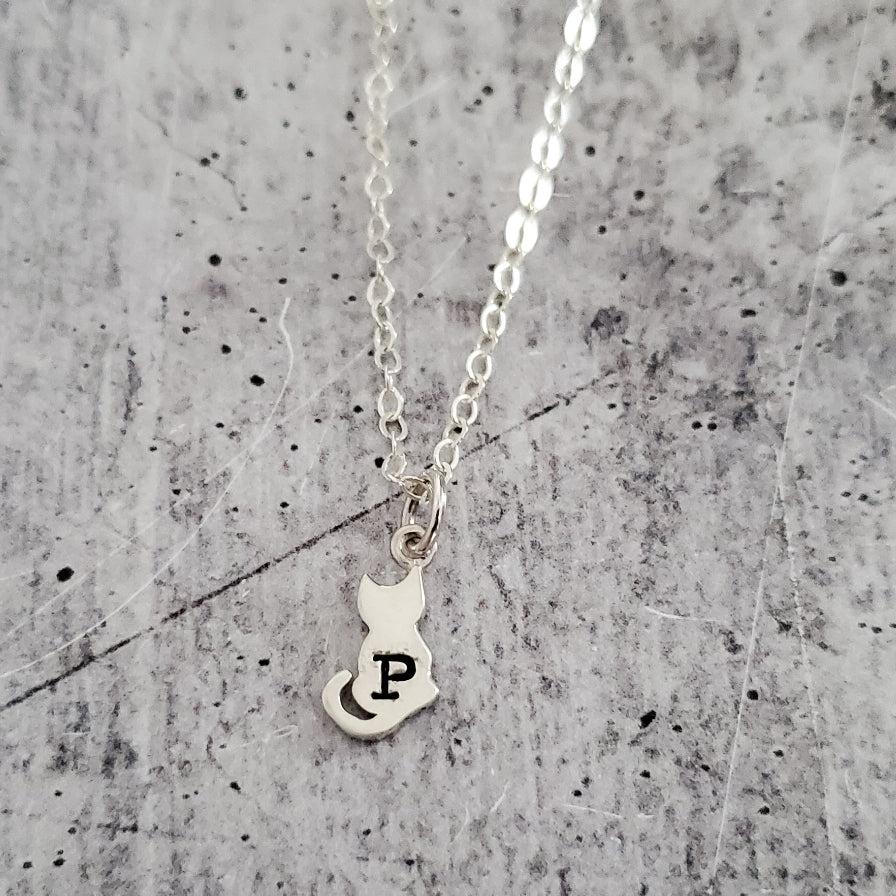 Tiny Cat Silver Initial Necklace