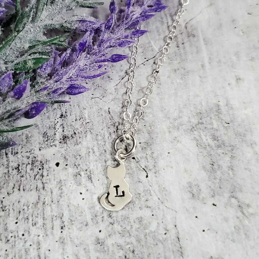 Tiny Cat Silver Initial Necklace