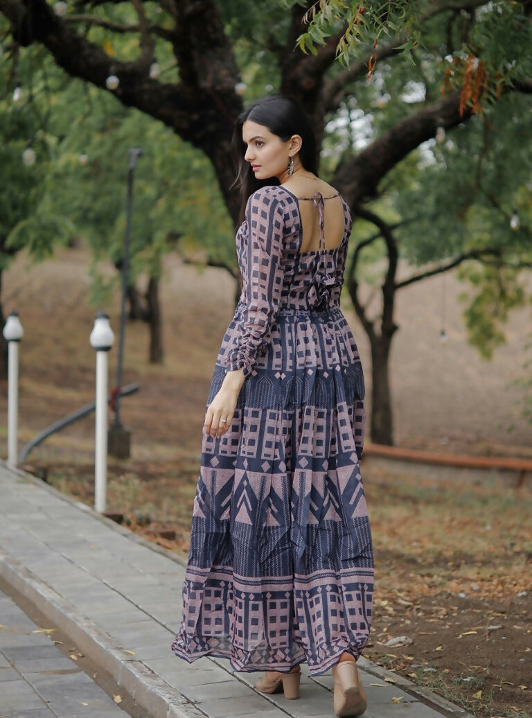 Women's Navy Blue Pure Chanderi Digital Print Anarkali Dress