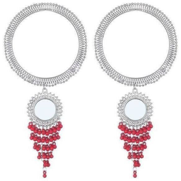 Wide silver-tone bangle with mirror design and tiered pink pearls
