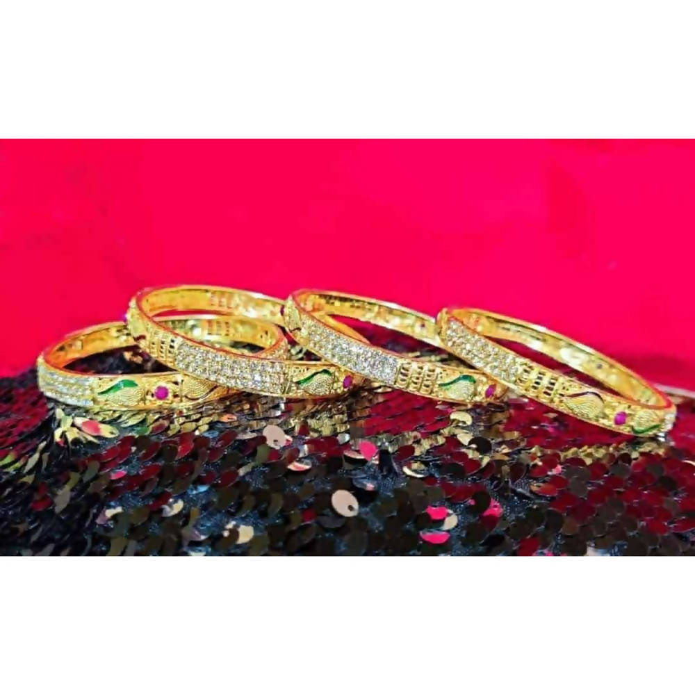 Gold-polished bangle set featuring shimmering American Diamonds for formal and casual wear