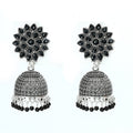 Close up of Johar Kamal Kundan Jhumka earrings with black beads for girls