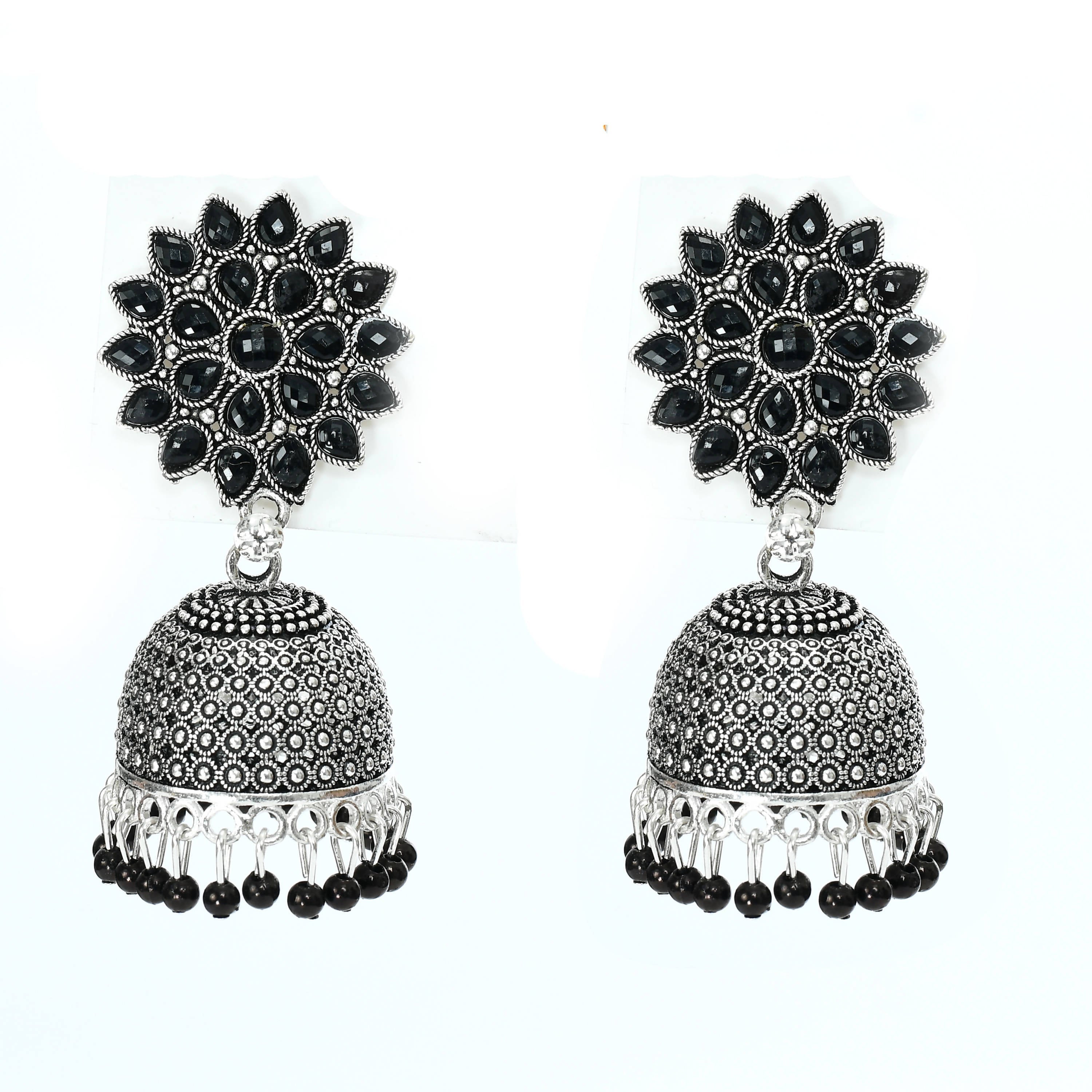 Close up of Johar Kamal Kundan Jhumka earrings with black beads for girls