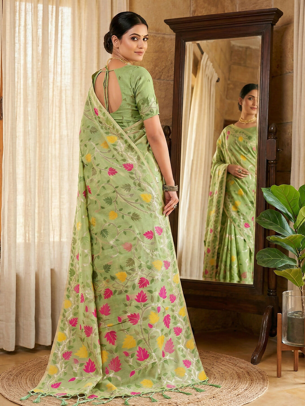 Green Linen Cotton Saree for Versatile Ethnic Wear