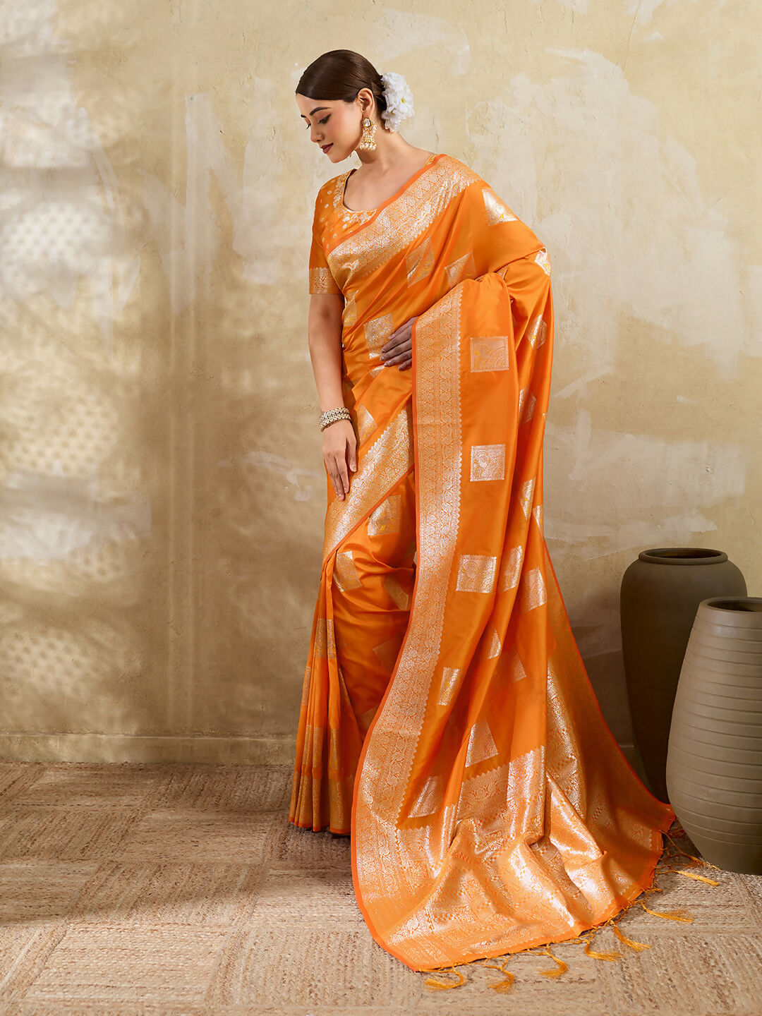 Orange Silk Blend Saree with Matching Blouse Set